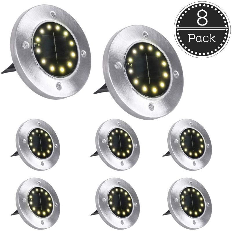 Photo 1 of 8 Pack Solar Ground Lights, 12 Led Solar Powered Disk Lights Outdoor Waterproof Garden Landscape Lighting for Yard, Pathway, Deck, Patio, Flood, Walkway
