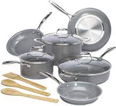 Photo 1 of Goodful 12 Piece Cookware Set with Titanium-Reinforced Premium Non-Stick Coating, Dishwasher Safe Pots and Pans, Tempered Glass Steam Vented Lids, Stainless Steel Handles, Cream