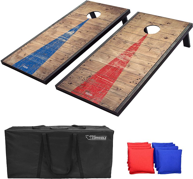 Photo 4 of GoSports 4'x2' Classic Cornhole Set with Rustic Wood Finish | Includes 8 Bags, Carry Case and Rules, Red/Blue