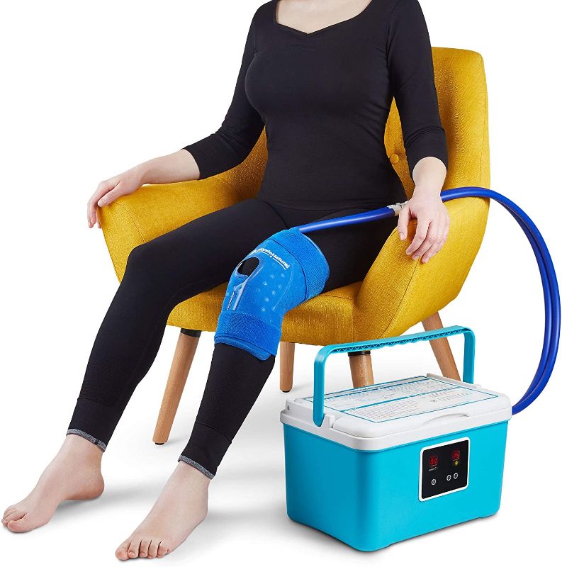 Photo 1 of Cold Therapy Machine — Cryotherapy Freeze Kit System — for Post-Surgery Care, ACL, MCL, Swelling, Sprains, and Other Injuries — Wearable, Adjustable Knee Pad — Cooler Pump with Digital Timer
