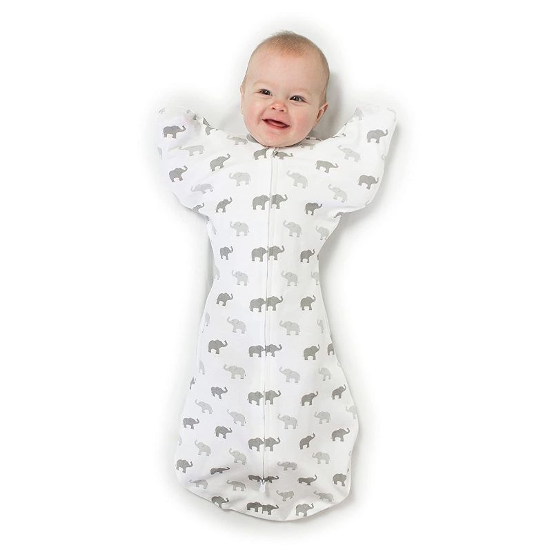 Photo 1 of Amazing Baby Transitional Swaddle Sack with Arms Up Half-Length Sleeves and Mitten Cuffs, Tiny Elephants, Sterling, Medium, 3-6 Months (Parents’ Picks Award Winner, Easy Transition with Better Sleep)
