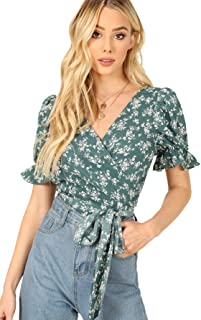 Photo 1 of sheln women's v neck short sleeve self tie wrap floral crop tops blouse L