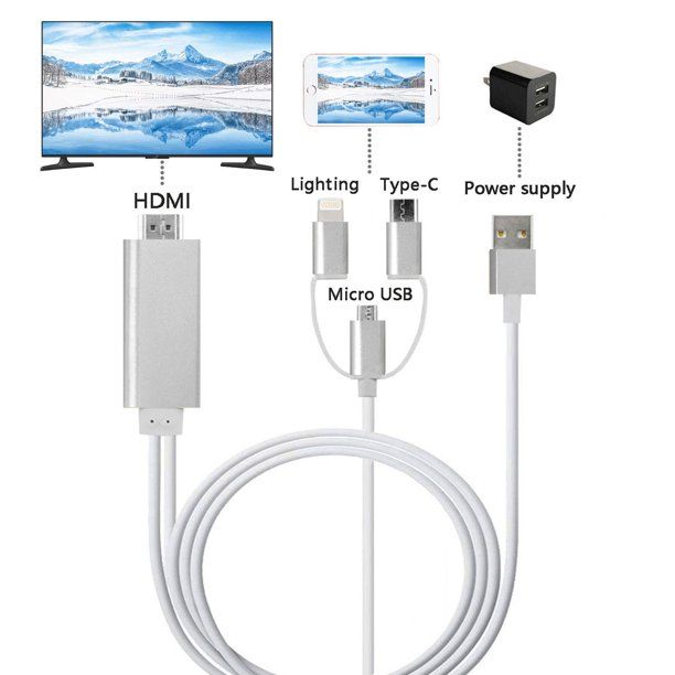 Photo 1 of 3 in 1 Lighting/Micro USB/Type-C to HDMI Cable, Digital Audio Mirror Mobile Phone Screen to TV Projector Monitor 1080P HDTV Adapter for iOS and Android Devices (Silver) PACK OF 3 

