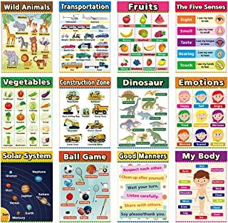 Photo 1 of Educational Posters for Kindergarten, Preschool Learning Posters, Laminated Learning Charts for Toddlers, Elementary Posters for Classroom, School Supplies Includes Fruits, Good Manners (12 Pack B)