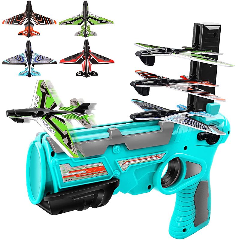 Photo 1 of FFHAOYHAO Airplane Toy,Bubble Catapult Plane Toy Airplane, Outdoor Toys,One-Click Ejection Model Foam Airplane Shooting Game ,Toy with 4pcs Glider Airplane Launcher Kids Birthday Party.(Blue)