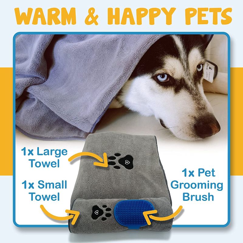 Photo 1 of Dog Towel - Bundle Set of 2 Dog Towels with Grooming Brush - Large and Small Absorbent Pet Towel for Dog Bath Time and Drying Your Wet Dog, Puppy or Cat - Wash Dirty and Muddy Paws - by Douchi