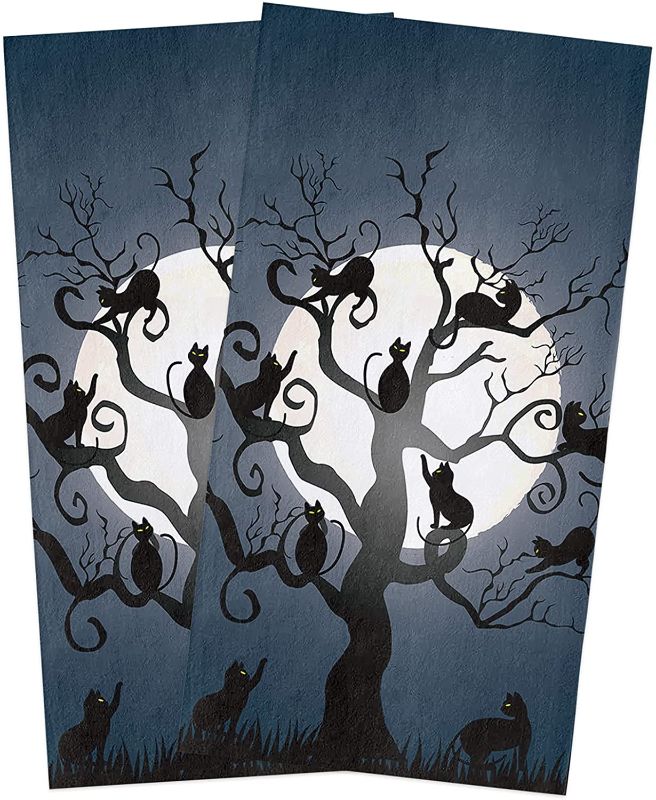 Photo 1 of Big buy store Halloween Cat Tree Moon Kitchen Dish Towels Set of 2, Soft Lightweight Microfiber Absorbent Hand Towel Black Tea Towel for Kitchen Bathroom 18x28in