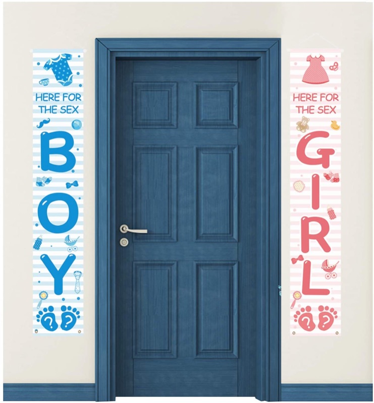 Photo 1 of Boy and Girl Door Banners for Gender Reveal Party Hanging Decorations, Here for The Sex Welcome Porch Sign, Baby Shower Party Sign Photo Props (blue pink)