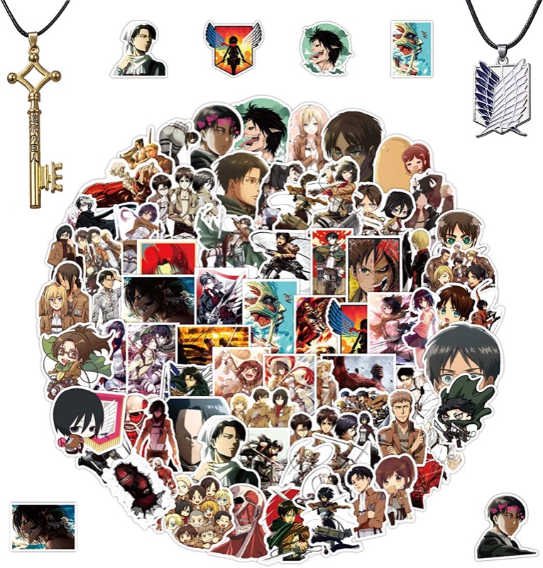 Photo 1 of 100Pcs Attack on Titan Stickers, Dual Wing Pendant Necklace, Eren Jaeger Key Pendant Necklace, Anime Vinyl Graffiti Stickers Notebook Skateboard Water Cup Luggage Waterproof Stickers