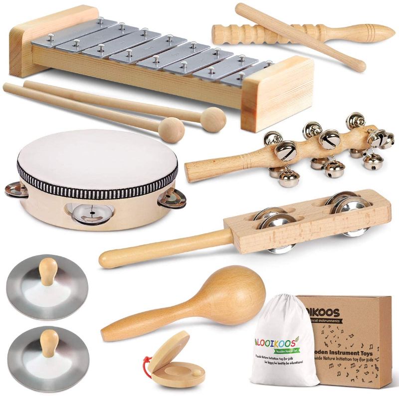 Photo 1 of LOOIKOOS Toddler Musical Instruments, Eco Friendly Musical Set for Kids Preschool Educational, Natural Wooden Percussion Instruments Musical Toys for Boys and Girls with Storage Bag