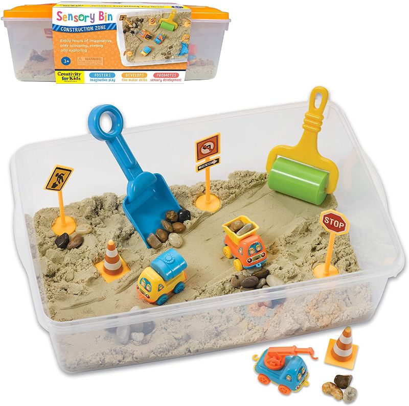 Photo 1 of Creativity for Kids Sensory Bin: Construction Zone Playset - Sandbox Truck Toys for Kids
