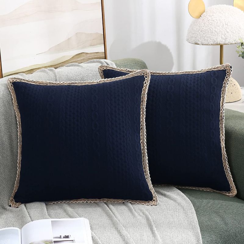 Photo 1 of 3D Embossed Farmhouse Decorative Pillow Covers, Set of 2 Lace Trimmed Edge Knit Throw Pillowcases Stretchy Cushion Cases for Sofa Couch Chair, 20x20 inch, Dark Navy