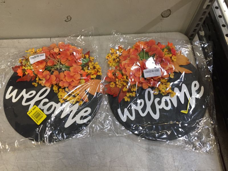 Photo 2 of 12'' Fall Wreaths for Front Door Artificial Fall Wreath Hanger Welcome Sign Flower Farmhouse Door Porch Home Decor Wreaths Decoration 2 pack 