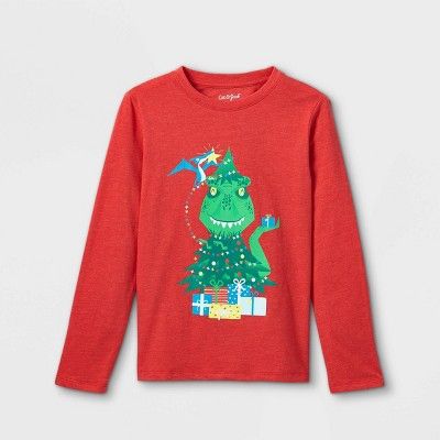 Photo 1 of Boys' Christmas Dinosaur Graphic Long Sleeve T-Shirt - Cat & Jack Bright Red L 12/14