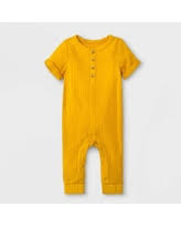 Photo 1 of Baby Boys' Gauze Front Jersey Back Romper - Cat & Jack Mustard 6-9M, Yellow