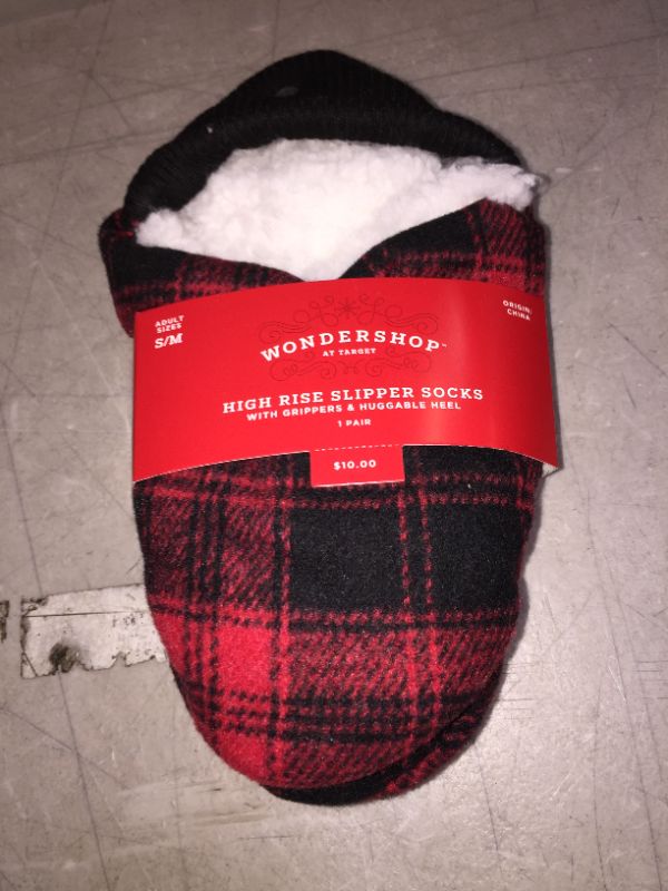 Photo 2 of Adult Plaid Sherpa Lined Pull-On Slipper Socks with Huggable Heel & Grippers S/M