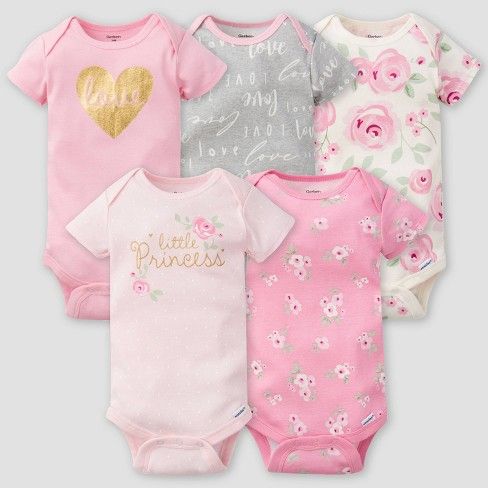 Photo 1 of Gerber Baby Girls' 5pk Floral Short Sleeve Onesies - Pink/Off-White/Gray Newborn

