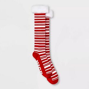 Photo 1 of 2 PAIRS Women's 'Naughty' or 'Nice' Striped Holiday Knee High Socks with Faux Fur Cuff -