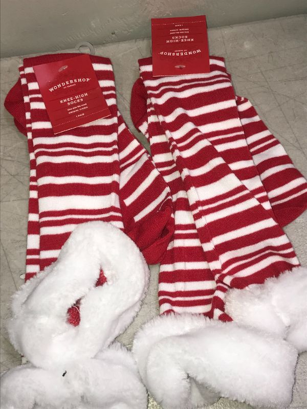 Photo 2 of 2 PAIRS Women's 'Naughty' or 'Nice' Striped Holiday Knee High Socks with Faux Fur Cuff -