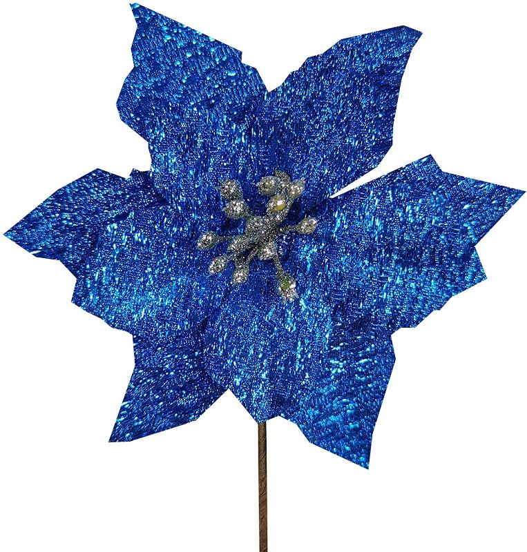 Photo 1 of 24 Pcs Christmas Blue Metallic Glitter Artificial Poinsettia Flower Picks Tree Ornaments 5.1" W in Box for Blue Christmas Tree Wreaths Garland Floral Gift Winter Wedding Holiday Decoration
