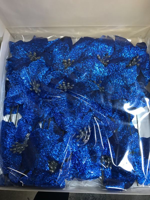 Photo 2 of 24 Pcs Christmas Blue Metallic Glitter Artificial Poinsettia Flower Picks Tree Ornaments 5.1" W in Box for Blue Christmas Tree Wreaths Garland Floral Gift Winter Wedding Holiday Decoration
