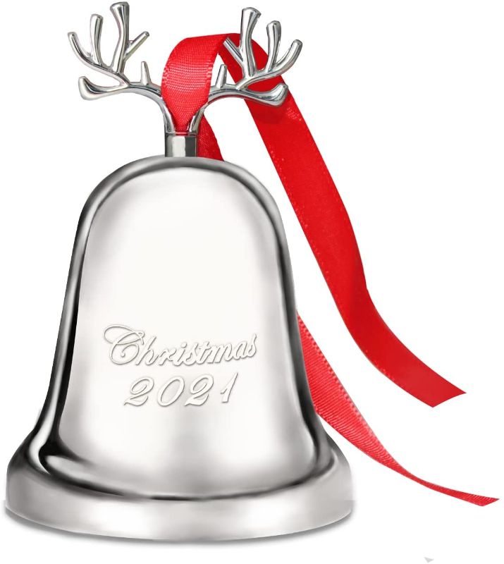 Photo 3 of 2021 Annual Christmas Bell,Silver Bell Ornament for Christmas Decorations, Bell Ornament for Christmas Anniversary,Red Ribbon & Gift Box
