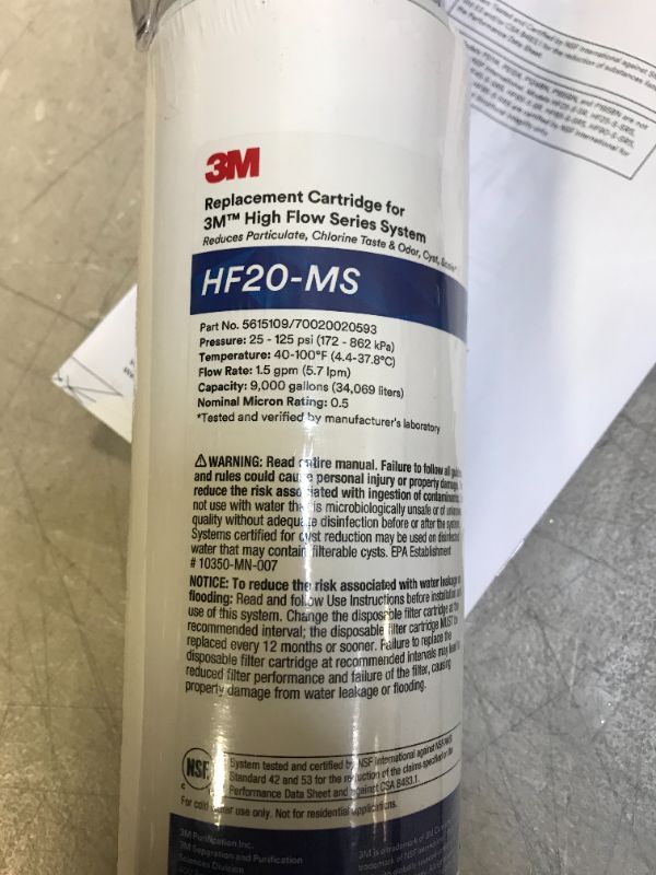 Photo 2 of 3M Water Filtration HF20-MS, Replacement Cartridge w/ Scale Inhibitor for BREW120-MS Water Filter System
