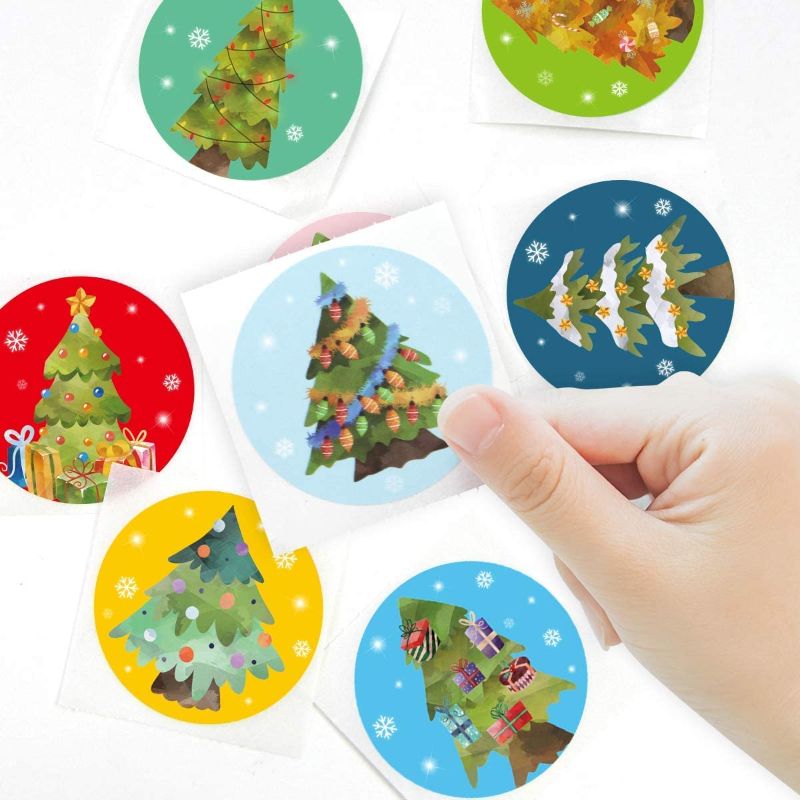 Photo 1 of 500PCS Christmas Tree Stickers for Kids Watercolor Christmas Stickers Perforated Roll Holiday Stickers for Kids Party Favor pack of 4
