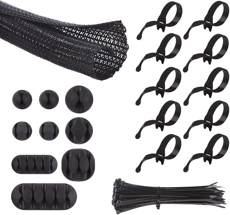 Photo 1 of Alex Tech Cable Management, 10ft - 1/2 inch Split Sleeving, 9 pieces Cable Clips, 10 pieces Reusable Cable Ties, 50 pieces 8 inch Nylon Cable Ties for Computer Home Office - Black
