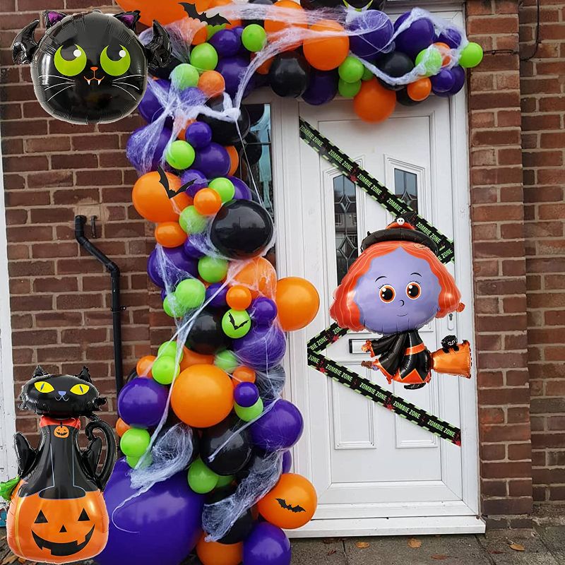 Photo 1 of 127pcs Halloween Balloon Garland Arch Kit with Spider Web and Bat Stickers,Halloween Foil Balloons,Black Orange Green Purple Balloons for Halloween Birthday Party Decorations
