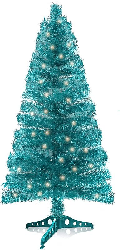 Photo 1 of 5FT Pre-Lit Artificial Christmas Tree, Green Tinsel Small Christmas Tree, for Home Party, Wedding, Holiday, Indoor Outdoor Thanksgiving Xmas Decor - Colorful Green.
