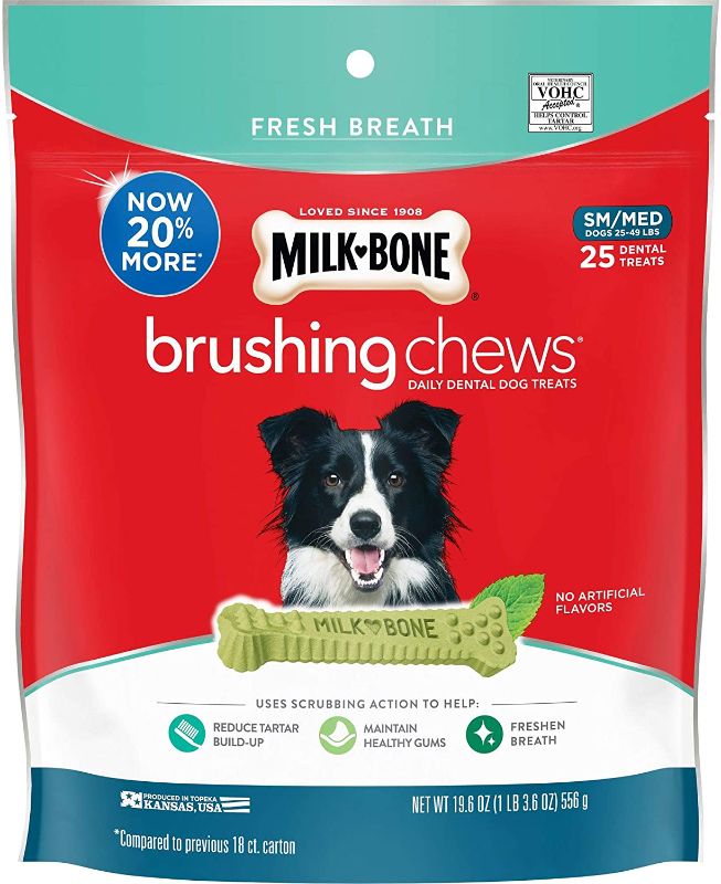 Photo 1 of Milk-Bone Brushing Chews Daily Dental Dog Treats, Fresh Breath, Small-Medium, 19.6 Ounces, 25 Bones Per Bag
EXP 09/07/22