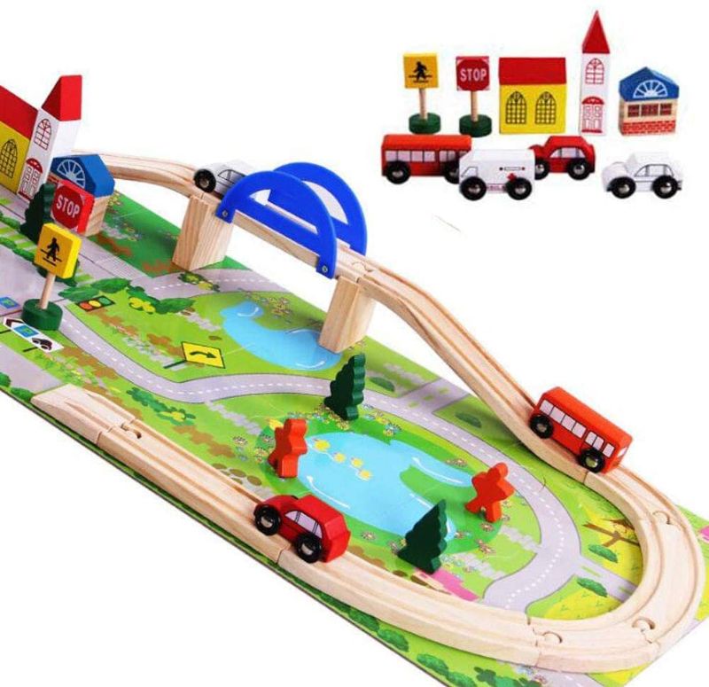 Photo 1 of Mango Town Wooden Train Track Car Toy Vehicle Set Flexible Railway Track Building Kit Toy Gift for Kids Boys Girls Children for 3+ Years Old
