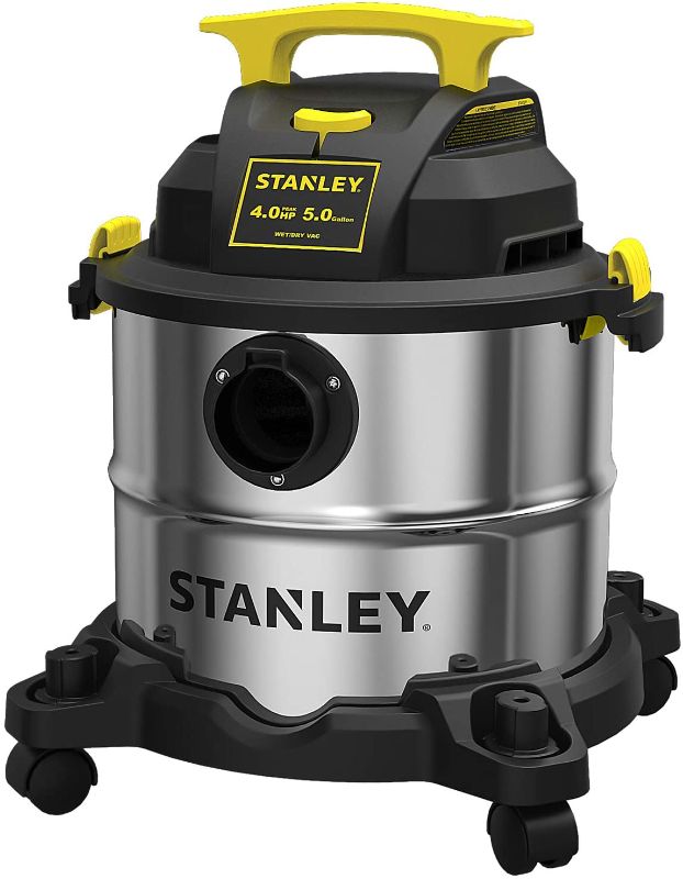 Photo 1 of STANLEY Wet/Dry Vacuum SL18115, Stainless Steel Tank, 5 Gallon 4HP Shop Vacuum, Portable Style Ideal for Home/Shop/Jobsite Dust Collection Job with Vacuum Attachments, Silver+Yellow
