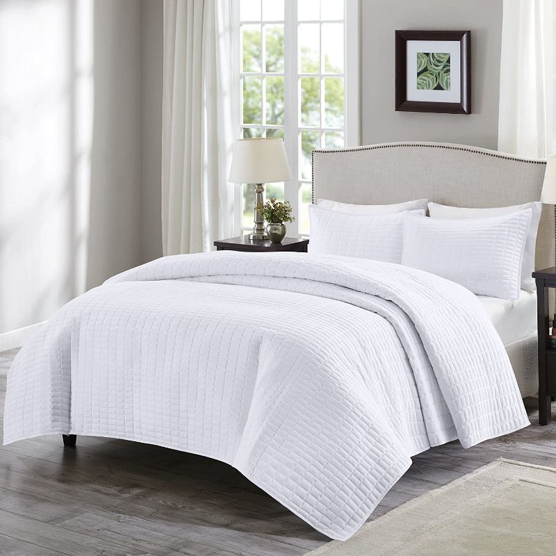Photo 1 of Comfort Spaces Kienna Quilt Set-Luxury Double Sided Stitching Design All Season, Lightweight, Coverlet Bedspread Bedding, Matching Shams, King/Cal King(104"x90"), White