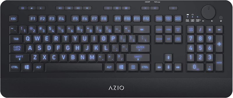 Photo 1 of Azio Wireless Keyboard with Large Print Keys, Blue Color Backlight, 2.4gHz USB-RF Rechargeable and Multimedia Productivity Hotkeys (Vision Series KB510W)