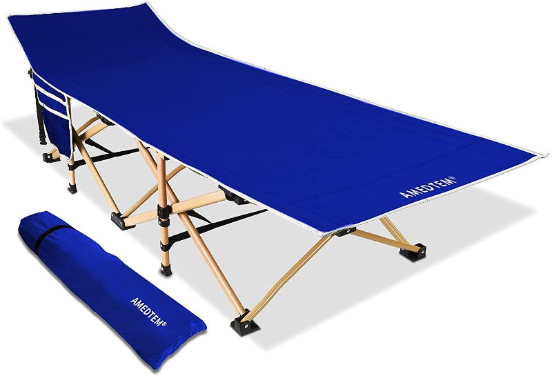 Photo 1 of AMEDTEM Camping Cots, Sleeping Cots Backpacking Bed Oversized Folding Protable with Carry Bag,Travel Camp Cot for Heavy People Home Office Outdoor Hiking Beach Pool, Support 450LBS - Royal Blue
