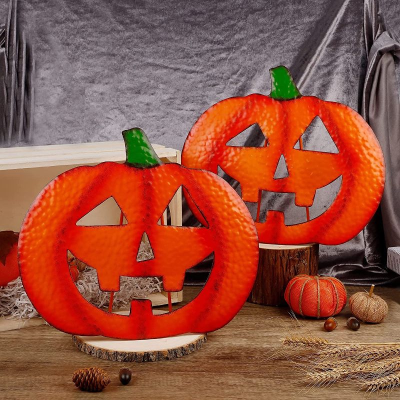 Photo 1 of DR.DUDU 2 Pcs Pumpkin Tabletop, 12 X 14 Inches Metal Halloween Thanksgiving Decorations, Fall Rustic Ornaments Table Centerpiece for Indoor Outdoor Room Kitchen Office 2 pack 