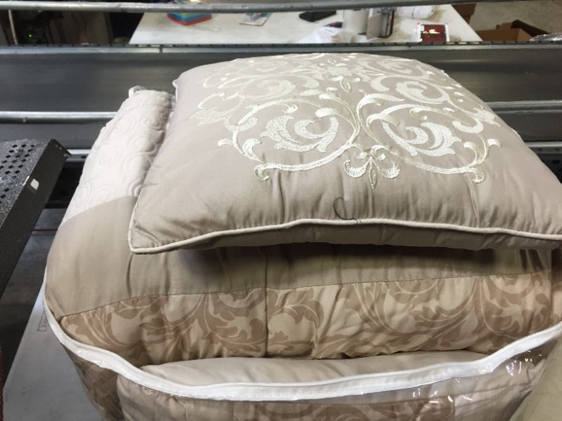 Photo 2 of 510 Design Cozy Comforter Set - Transitional Damask Design, All Season Down Alternative Bedding with Matching Shams, Decorative Pillow, Shawnee-Neutral King(104"x92") 8 Piece
