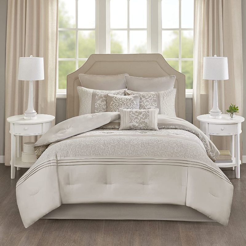 Photo 1 of 510 Design Cozy Comforter Set - Transitional Damask Design, All Season Down Alternative Bedding with Matching Shams, Decorative Pillow, Shawnee-Neutral King(104"x92") 8 Piece
