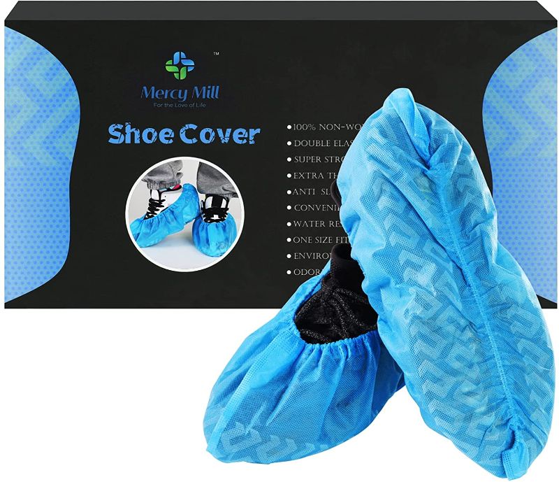 Photo 1 of Mercy Mill Premium Disposable Boot & Shoe Covers 50 Pack (25 Pairs) Thicker, Durable, Water Resistant, Non-Slip, Non-Toxic, Recyclable, Stretchable Up To US Men's 12 & Women's 14 Shoe Sizes Blue
