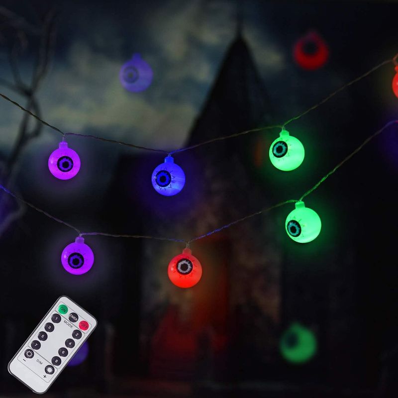 Photo 1 of LUMINATERY Halloween Eyeball String Lights, 30LED 8 Lighting Modes, Remote Control, Battery-Powered, Perfect for Halloween Indoor Outdoor Decoration (Multicolor-1) 2 pack 