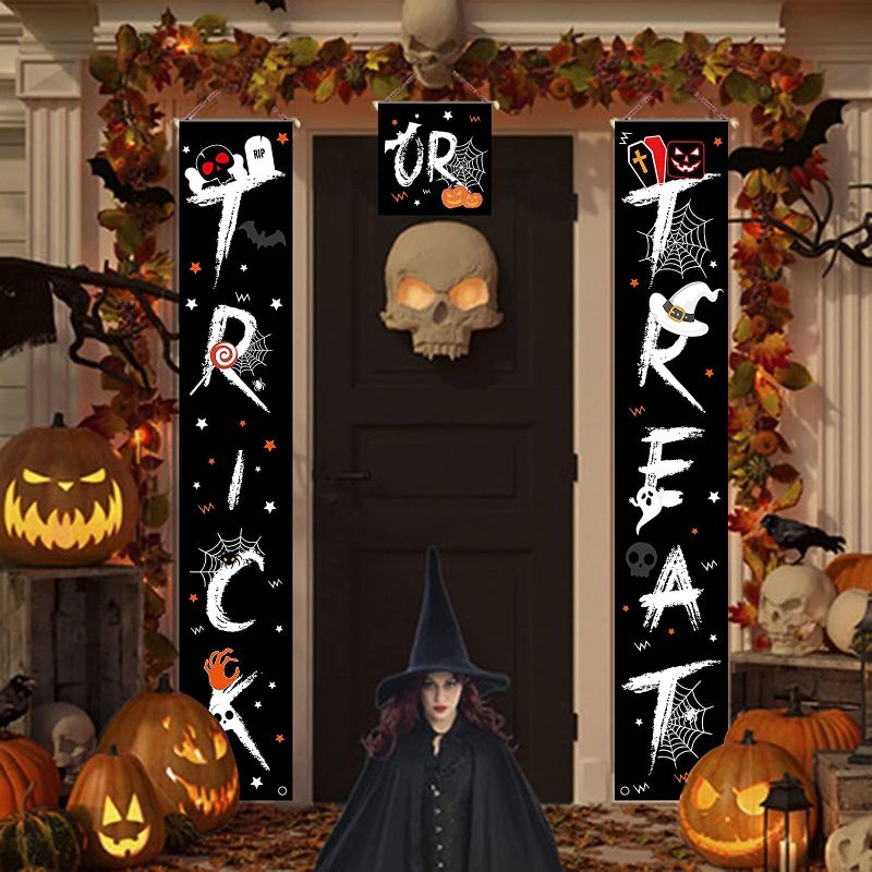 Photo 1 of Dayeto Outdoor Halloween Decorations, 3 PCS Trick or Treat & It's Witches Halloween Banner for Front Door or Indoor Home Decor, Outside Halloween Decoration Signs (White)
