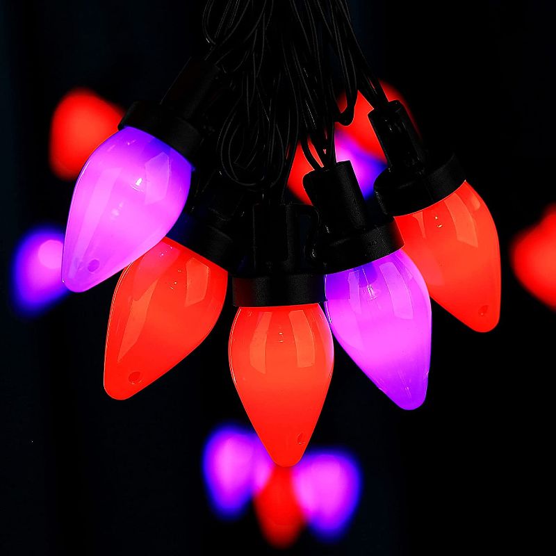 Photo 2 of C7 Bulbs Battery Halloween String Lights with Timer - Purple Orange 50 LED 24ft String Lights - Fairy Lighting for Outdoor, Indoor, Garden, Yard, Party, Home, Wreath, Garland
