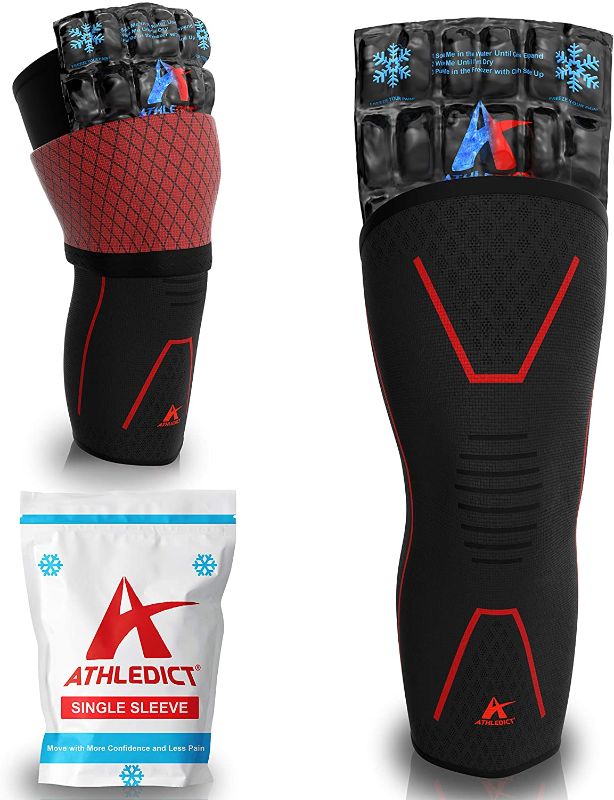 Photo 1 of Knee Brace Compression Sleeve with Hot & Cold Ice Pack Therapy - Pain Relief, Support & Recovery for Sports Injuries, Meniscus Tear, MCL, ACL, Strains, Arthritis for Men & Women (Red, L)
