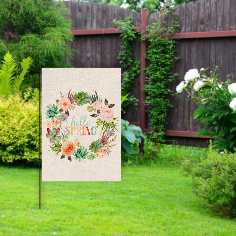 Photo 2 of AKETCH Hello Spring Garden Flag-6 Vertical Double Sized Flower Wreath Seasonal Spring Easter Mother's Day Farmhouse Burlap Yard Outdoor Decoration 12.5 x 18 Inch

