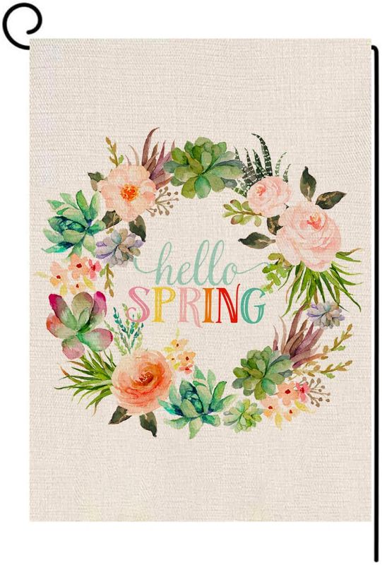 Photo 2 of AKETCH Hello Spring Garden Flag-6 Vertical Double Sized Flower Wreath Seasonal Spring Easter Mother's Day Farmhouse Burlap Yard Outdoor Decoration 12.5 x 18 Inch
