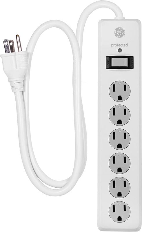 Photo 1 of GE 6-Outlet Surge Protector, 3 Ft Extension Cord, Power Strip, 800 Joules, Heavy Duty Plug, Twist-to-Close Safety Covers, Protected Indicator Light, UL Listed, White, 14010
