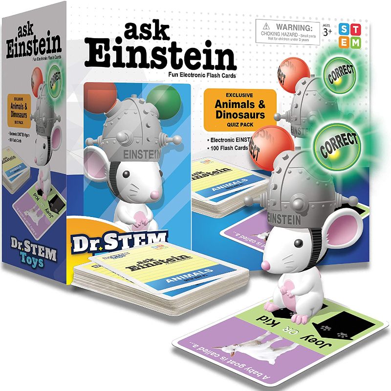 Photo 1 of Ask Einstein Electronic Flash Cards for Kids, Set Includes Character, One Hundred Flash Cards About Animals and Dinosaurs, and Five Games. For Boys & Girls Ages 3 - 6, Home or School Use

