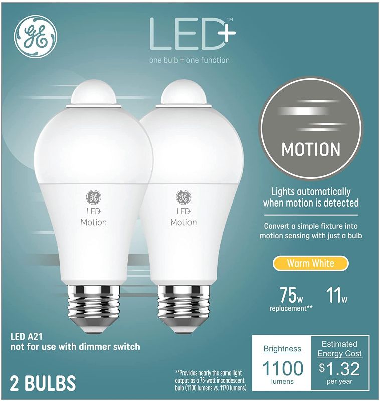 Photo 1 of GE Lighting LED+ Outdoor A21 LED Light Bulb with Motion Sensor, 75-Watt Replacement, Warm White, 2-Pack
